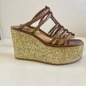 Marc Jacobs Brown Leather Gold glitter Platform Sleep On Sandals SZ 7